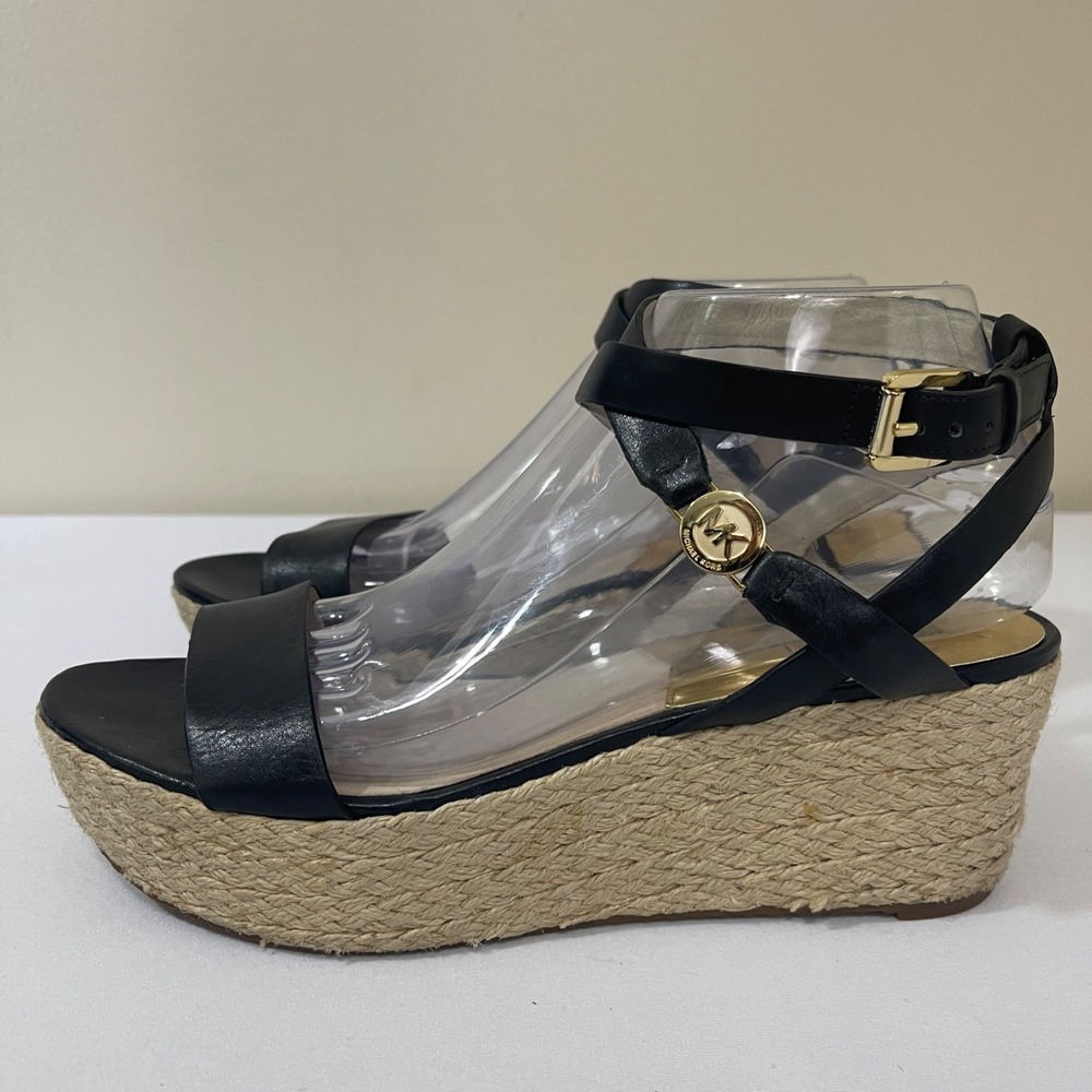 Michael Kors Sandals Womens 8.5M Jalita Black Leather Strappy Platform Wedge - Picture 4 of 11